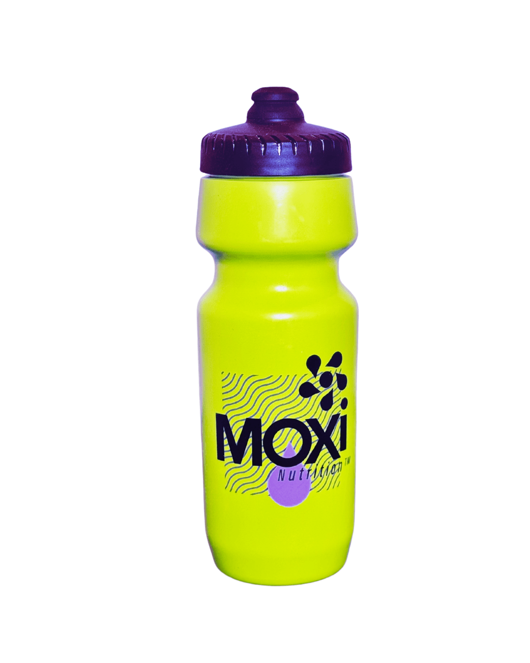 Neon Yellow water bottle with purple cap and 'Moxi' branding on a white background