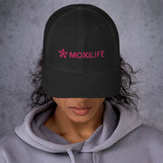 Moxilife Red Logo on Black Trucker hat female athlete model