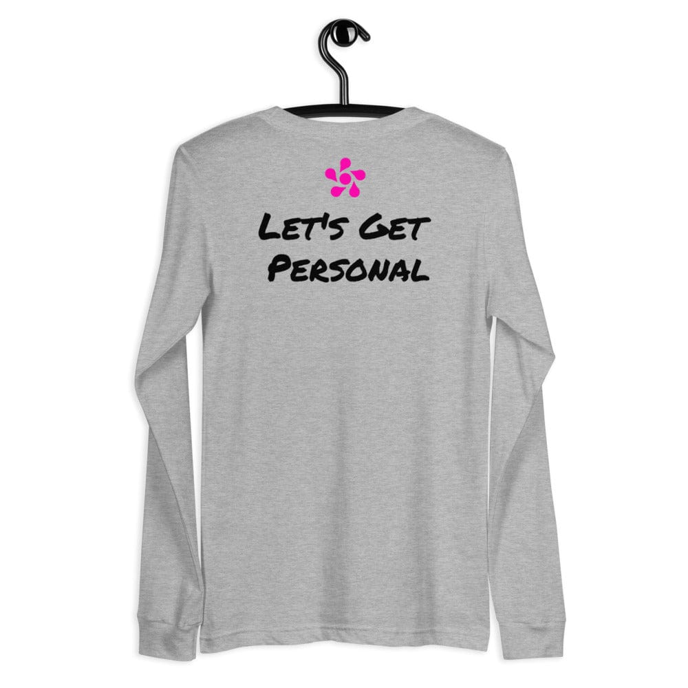 Unisex Long Sleeve Tee Grey with "Lets Get Personal" under Pink Moxilife Logo