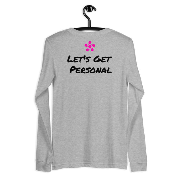 Unisex Long Sleeve Tee Grey with "Lets Get Personal" under Pink Moxilife Logo