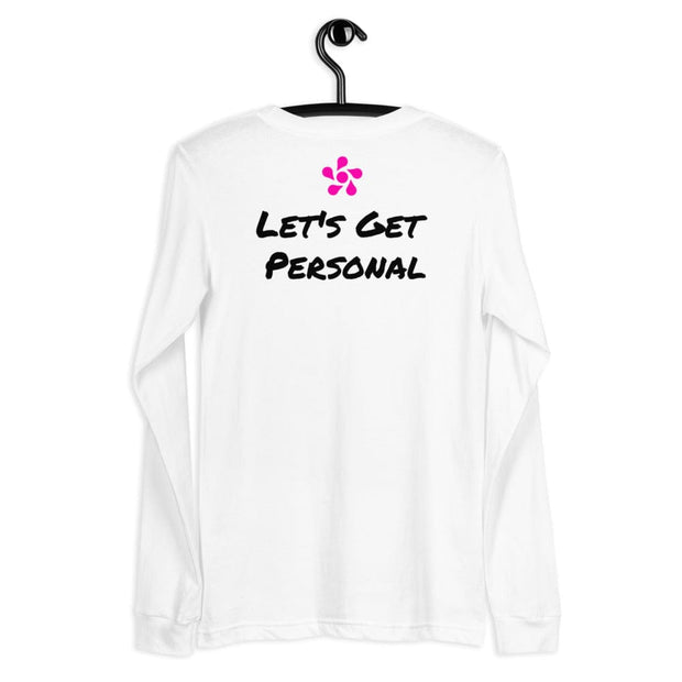 Unisex Long Sleeve Tee White with "Let's Get Personal" under Pink Moxilife Logo
